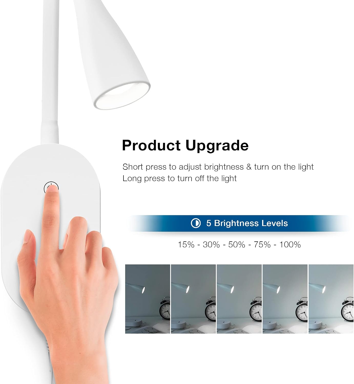 Wall Mount Reading Light, Focused Book Light for Reading in Bed, 5 Dimming, USB Output, 4 Hours Auto Off, Touch