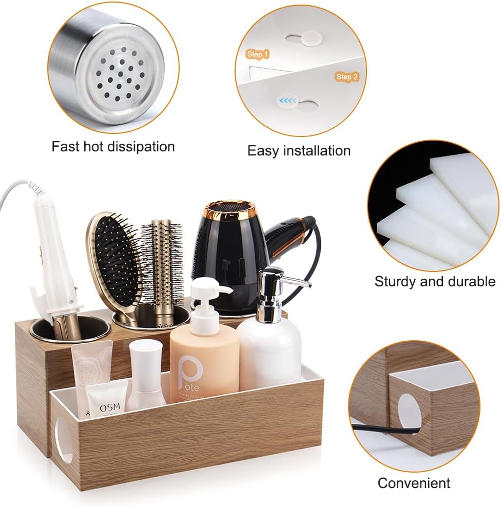 GFWARE Hot Hair Styling Tool Organizer with 3 Stainless Steel Cups, Wood | Hair Accessories Bathroom Vanity Storage