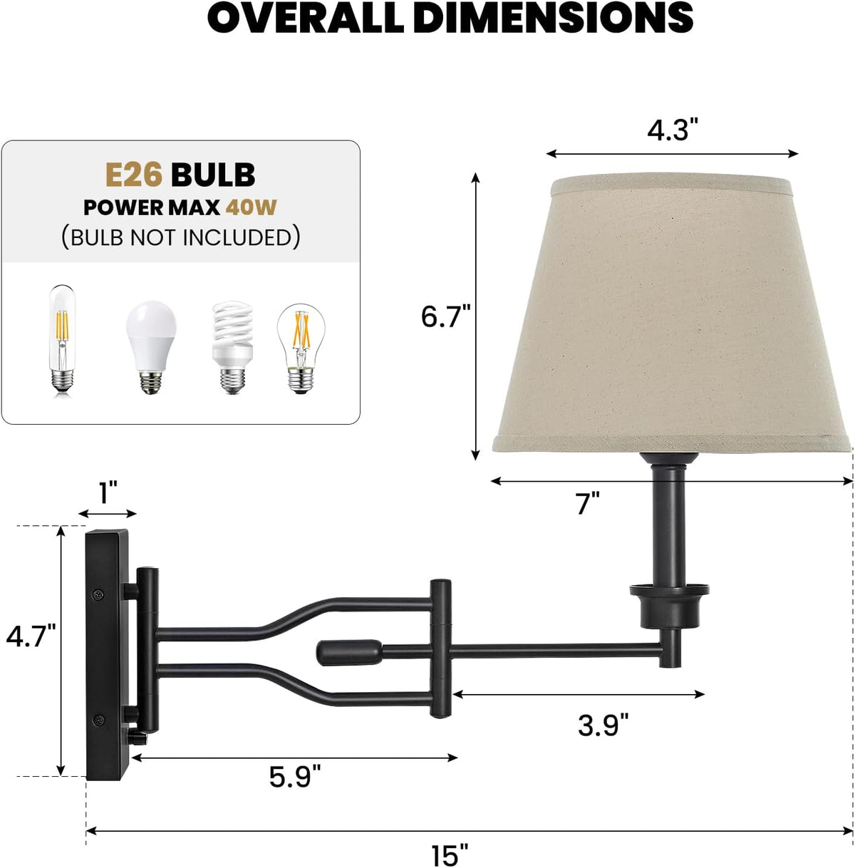 15" Black Swing Arm Wall Sconce Adjustable Wall Lamp, Plug in Wall Sconce with Dimmer Switch, Wall Mounted Reading
