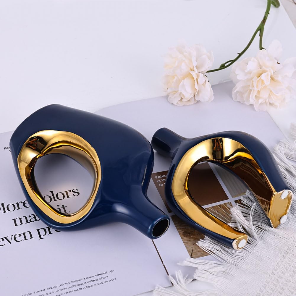 Blue Hollow Ceramic Vases / Blue and Gold / Set of 2