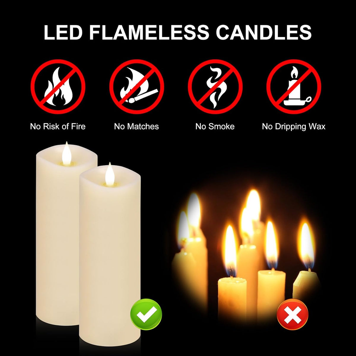 2PCS, 3 x 8 inches Flameless Candle with Remote Control, 3D Flickering Wick, Real Wax, Battery Candles,with