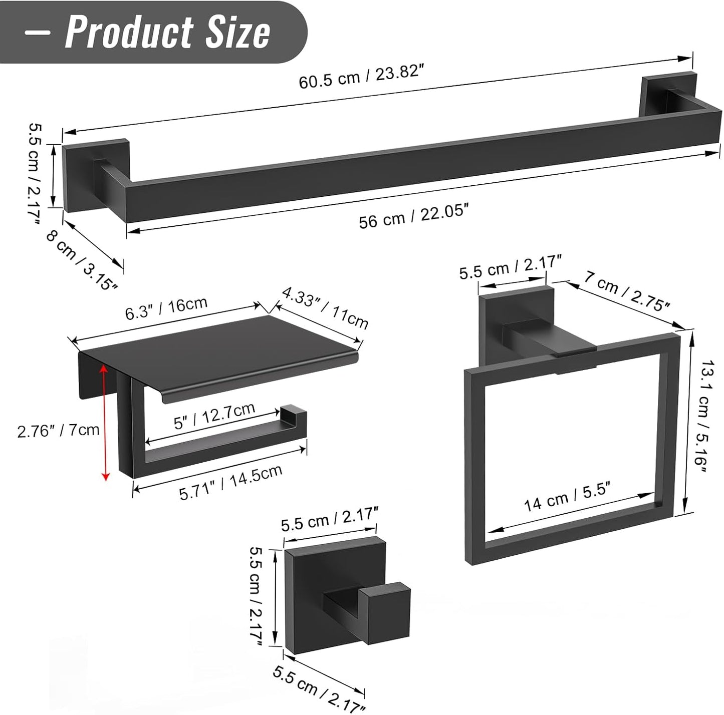 YACVCL 5 Pieces Matte Black Bathroom Hardware Accessorie Set 23.6 Inch Towel Bar Set SUS304 Stainless Steel Towel