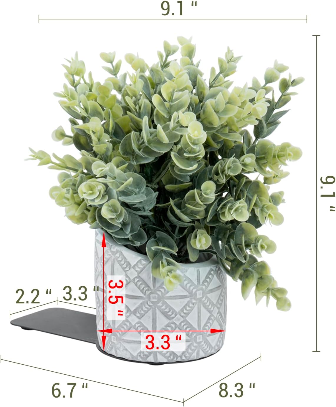Plant Potted in Modern Geometric Embossed Concrete / Artificial Eucalyptus / Gray