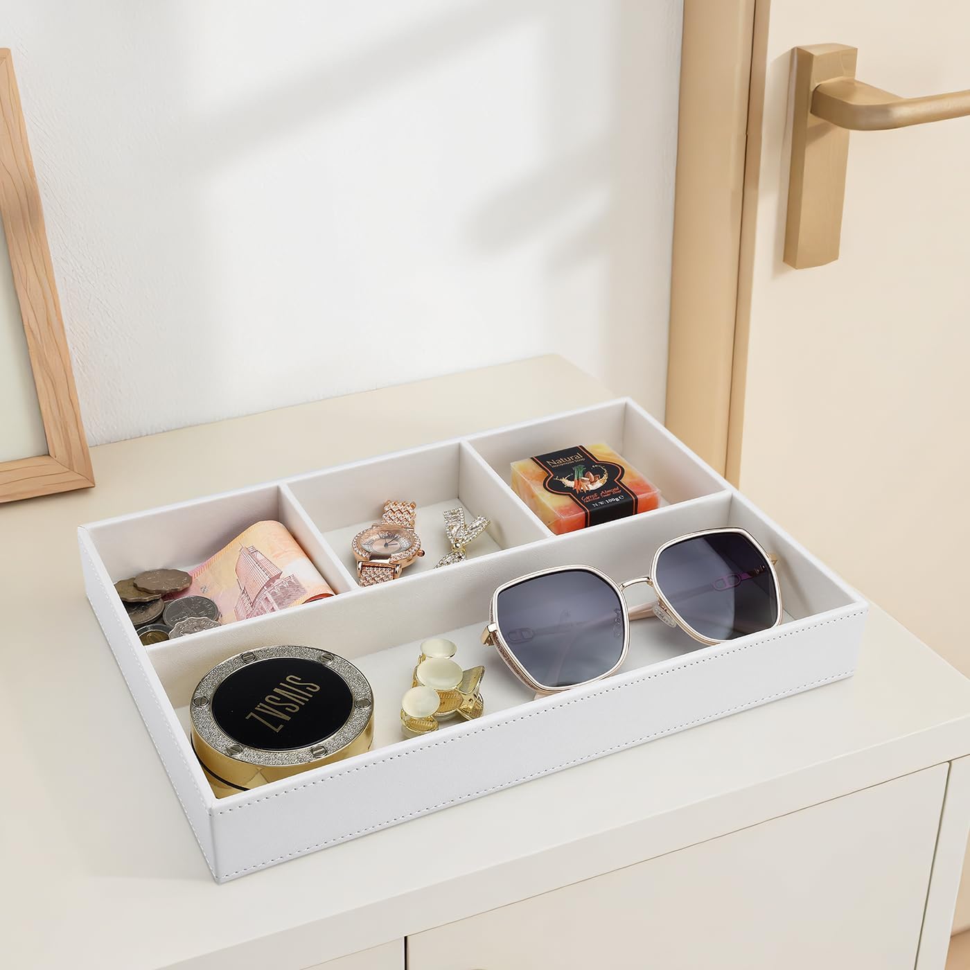 Faux Leather Valet Tray / Cream White