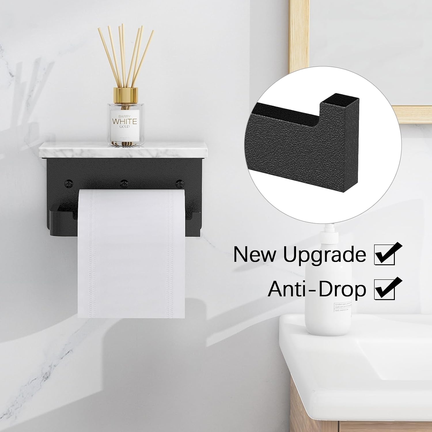 Gypie Toilet Paper Holder with Marble Shelf, Wall Mounted Matte Black | Toilet Roll Holder Black for Bathroom Washroom