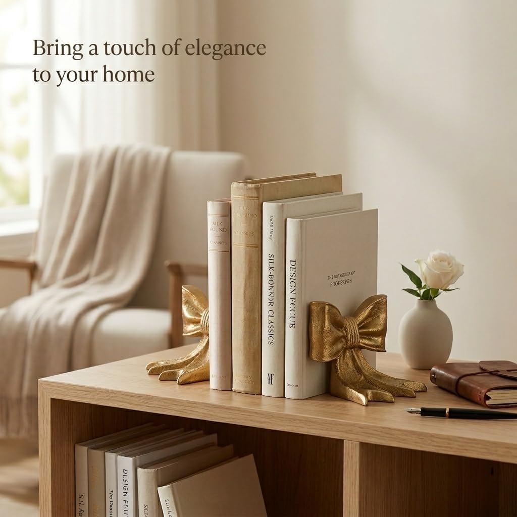 Bow Metal Bookends Heavy Duty Cast Iron Book Ends for Heavy Books Unique Modern / Gold / Set of 2