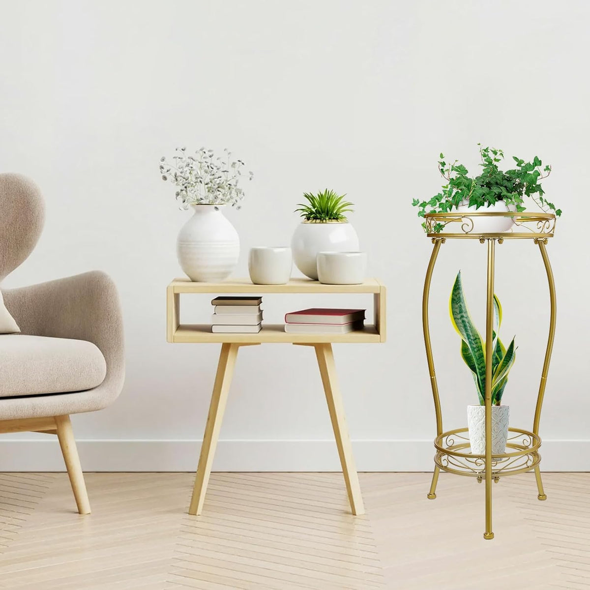 Kavlium Plant Stand Indoor Outdoor, Tall Metal, 2 Tier 27.1 Inch, Gold | Rustproof Metal, Stable 3-Leg Base, Heavy Duty