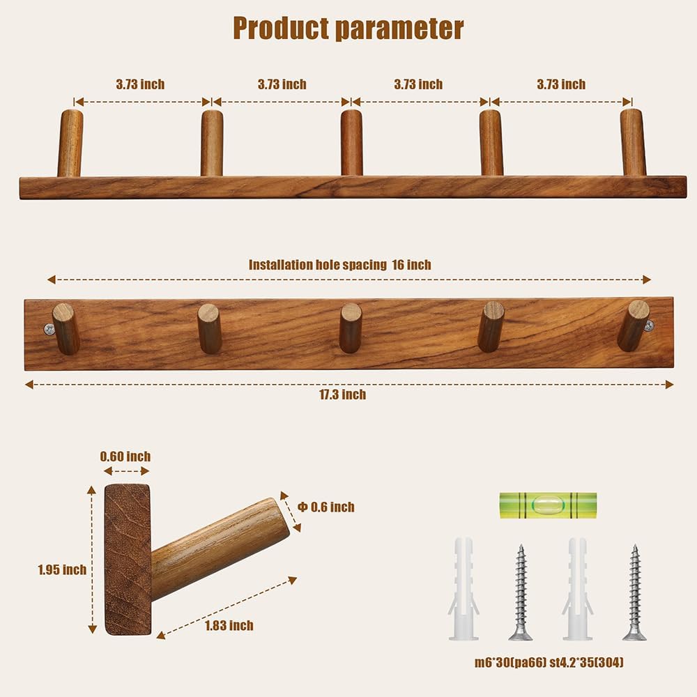 Solid Teak Wall Hooks Set 2, Rustic Wood Coat Rack Bathroom | Entryway & Bedroom – Durable Wall Pegs for Hanging Coats