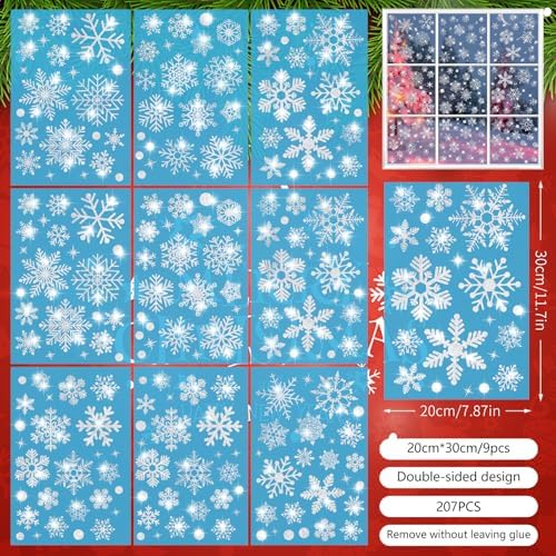 207PCS Glitter Snowflake Window Clings - Christmas Window Clings for Glass Windows, Double Sided Reusable Static Christmas Clings for Winter Wonderland Decorations (9 Sheets)