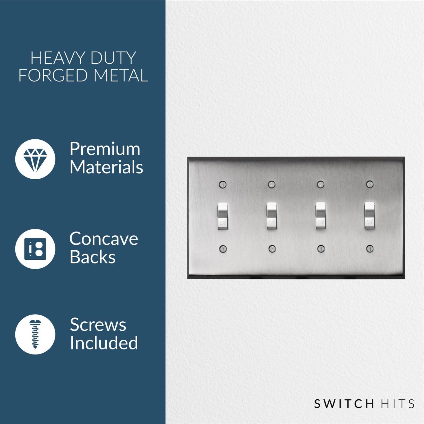 Satin Nickel Outlet Wall Plate | 4 Toggle | 8.25" x 4.5" | Hand-Polished Brass Construction | Electrical Switch Plate
