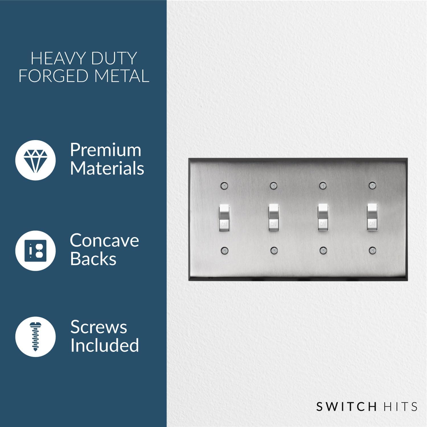 Satin Nickel Outlet Wall Plate | 4 Toggle | 8.25" x 4.5" | Hand-Polished Brass Construction | Electrical Switch Plate