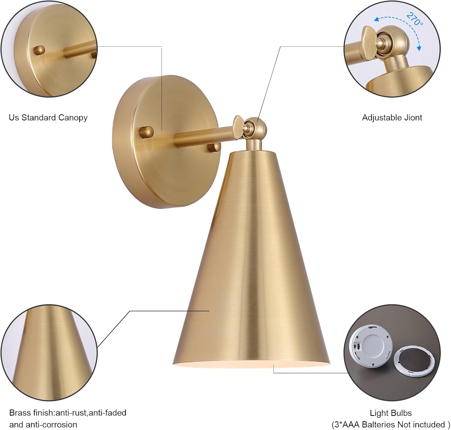 MWZ Gold Battery Operated Wall Sconces Set of Two,Wireless Indoor Lighting with Remote Control, Modern Dimmable 2 Color