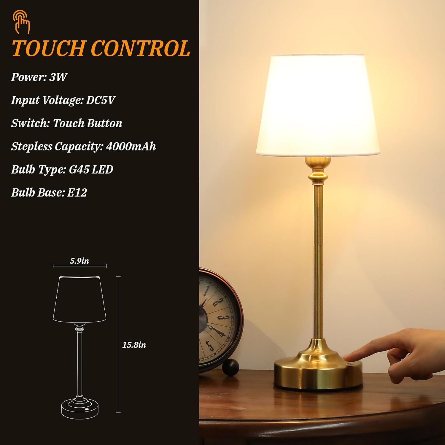 Kakanuo Gold Cordless Table Lamp with Rechargeable Battery, 1 Pack | Touch Stepless Dimming with Memory, 4000mAh