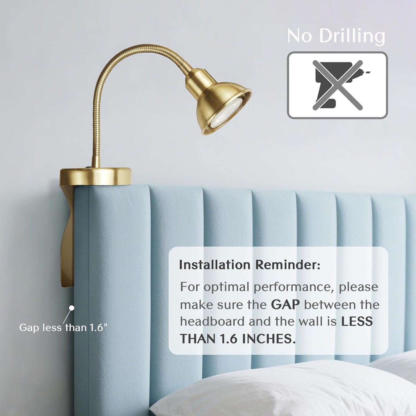 Patented Innovative Design Headboard Reading Light. No Drilling Golden Book Light for Bedtime Reading. Dimmable LED