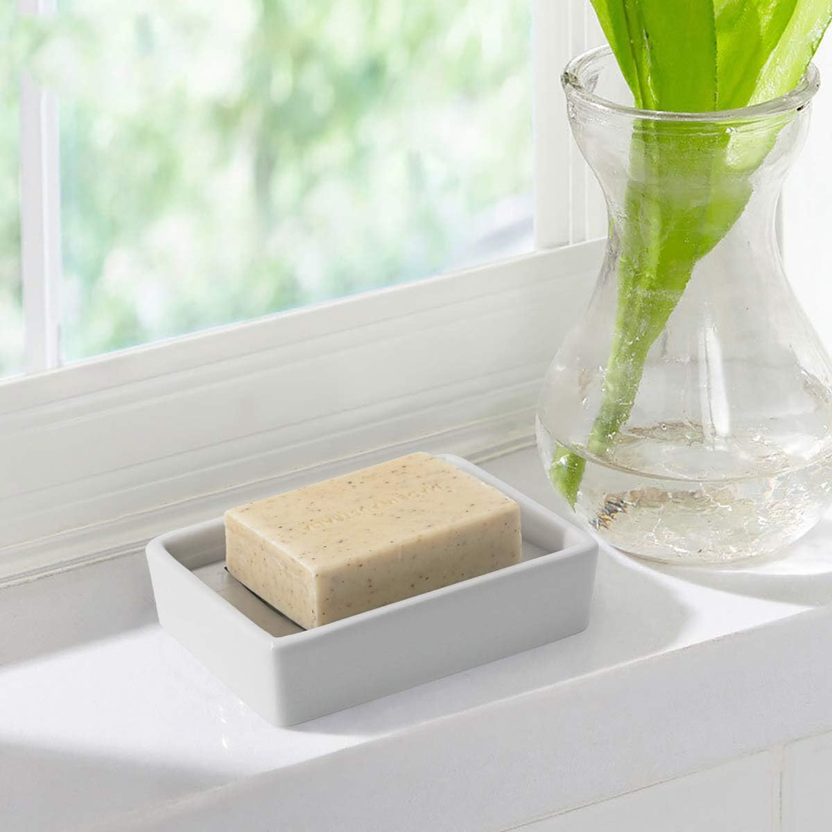 Ceramic Soap Dish Holder Stainless Steel / White