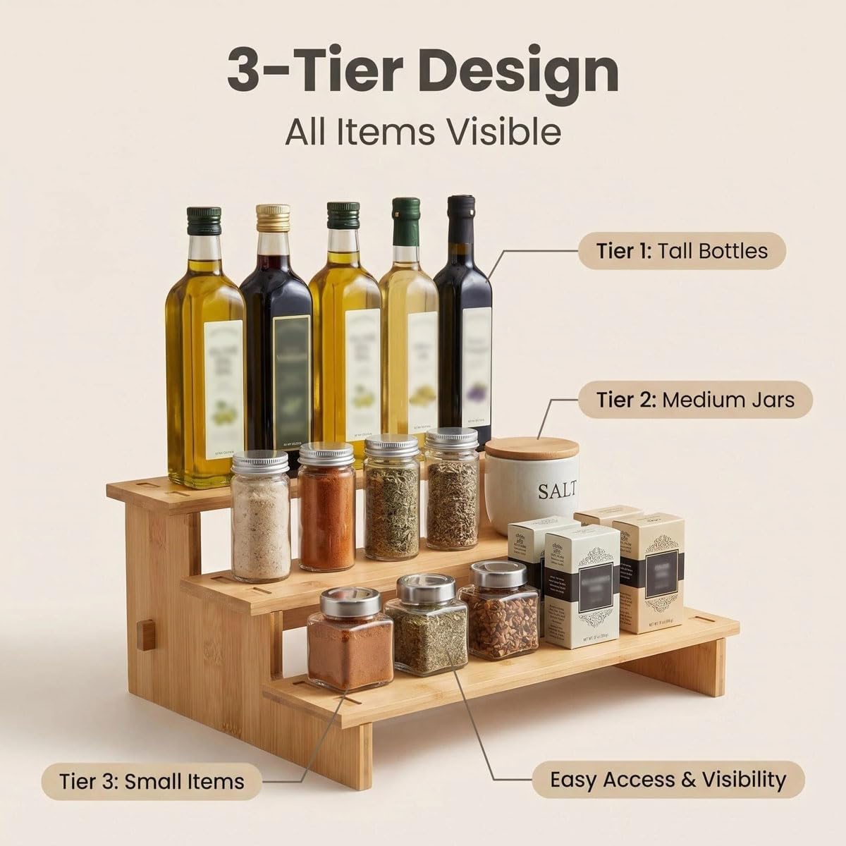 JinDoWin 3 Tiered Spice Rack Organizer for Cabinet,Spice Organization for Cabinet, Seasoning Organizer,Spice Shelf and