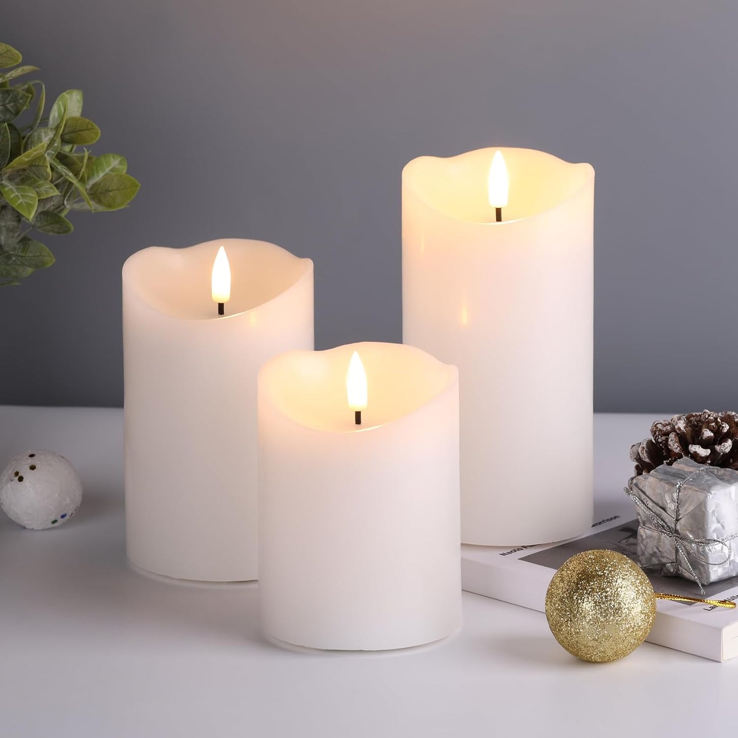 White Flameless Pillar Candles with Remote Set of 3 | Flickering LED Wax Candles, 2 AA Battery Powered, Melted Edge