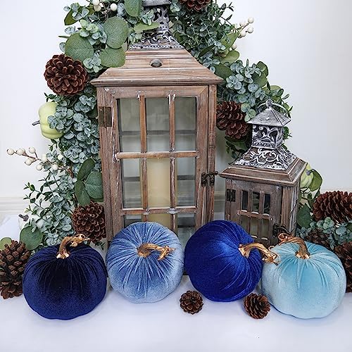 Winlyn 4 Pcs Assorted Blue Faux Velvet Pumpkins Decorative Harvest Pumpkins Fabric Foam Pumpkins for Farmhouse Fall Wedding Halloween Thanksgiving Table Centerpiece Mantel Bowl Decorations