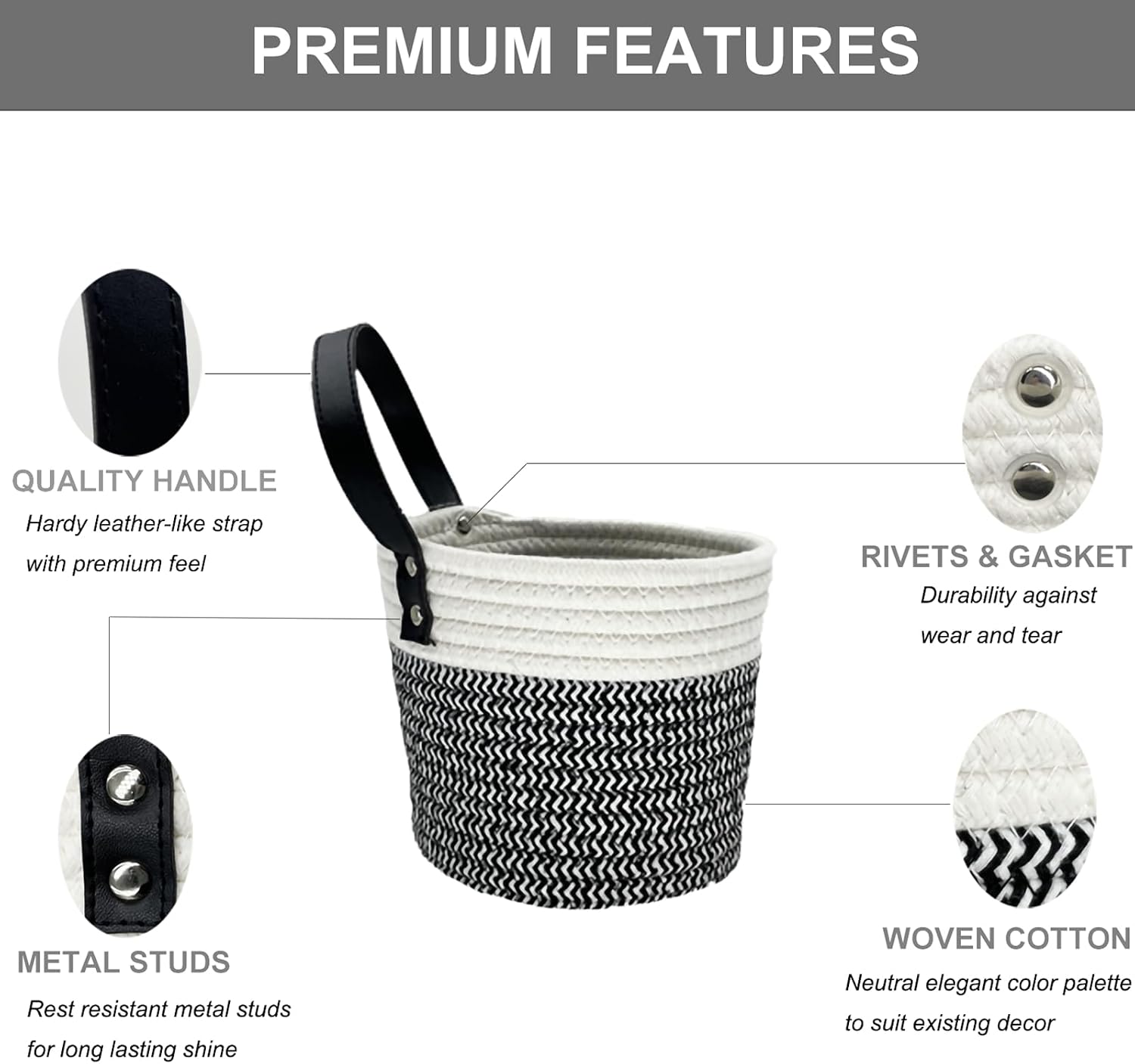 Handles Woven Organizer Storage Basket / Black and White / Set of 2