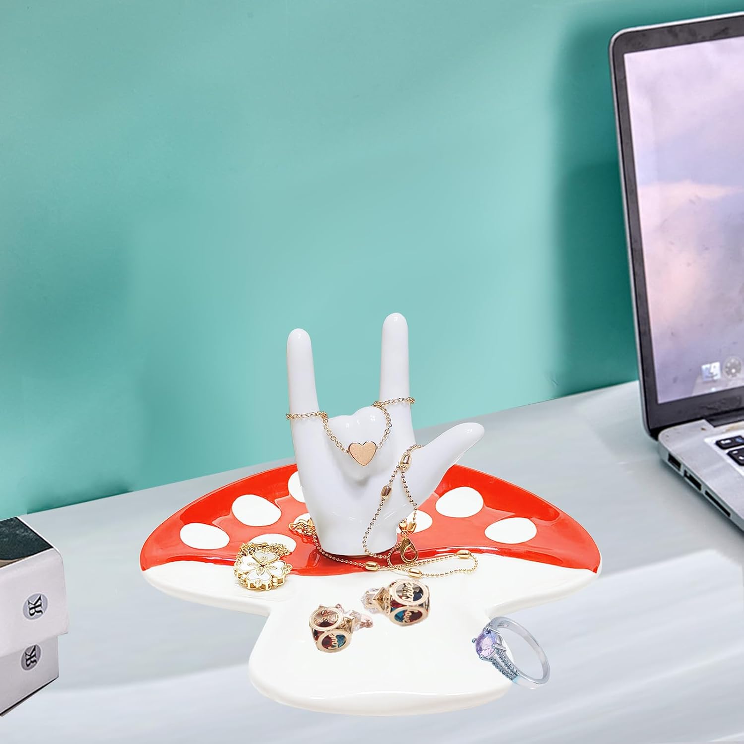 Ring Holder I LOVE YOU Hand Ring Dish Ceramic Jewelry Tray Decor for Necklace Rings / Mushroom