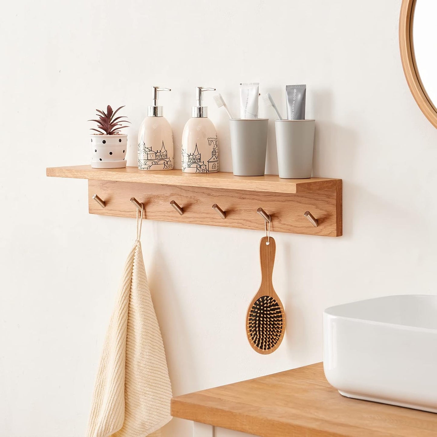 Coat Rack Shelf Wall Mounted Oak Wood Entryway Shelf with 6 Hooks Wall Coat Hook Rack with Floating Shelf for Bedroom