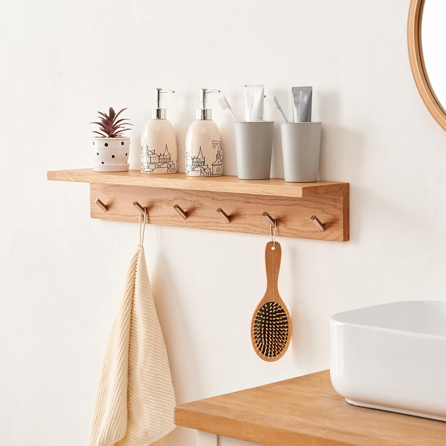 Coat Rack Shelf Wall Mounted Oak Wood Entryway Shelf with 6 Hooks Wall Coat Hook Rack with Floating Shelf for Bedroom