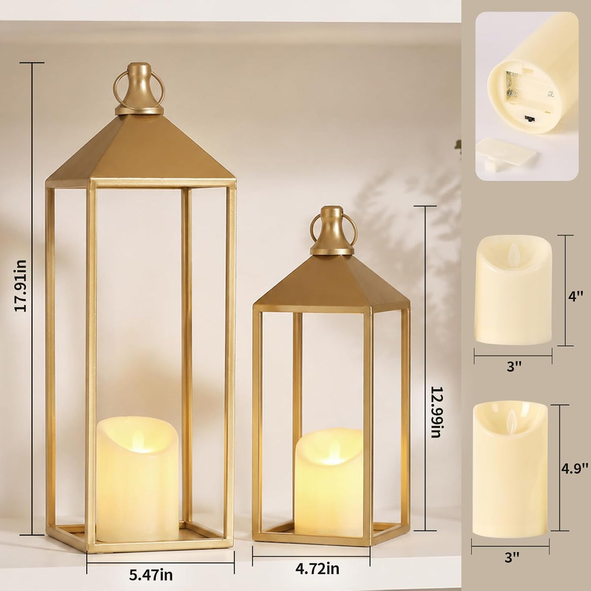 Set of 2 Decorative Lanterns with Candles, Gold Metal Lanterns Decor | 17" 13" Lanterns Decorative Indoor Outdoor for