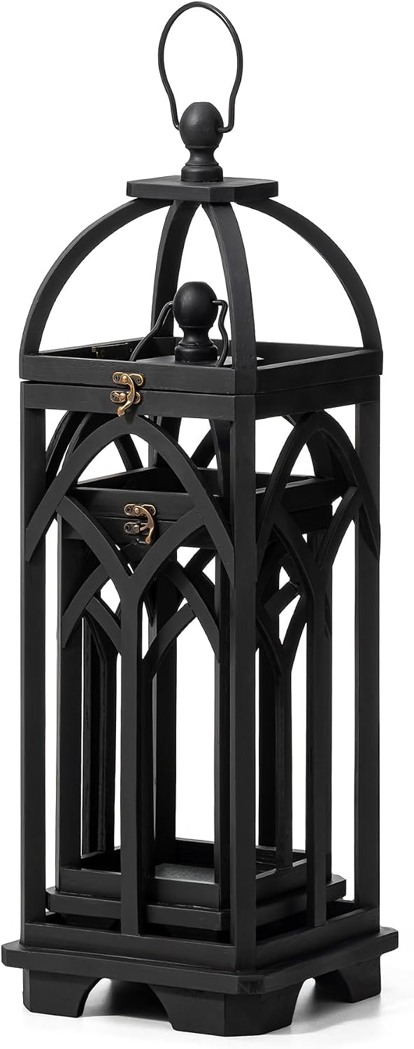 Glitzhome Farmhouse Decorative Lanterns Wooden Candle Lantern, Church Window Wood Frame Lanterns for Wedding Mantle