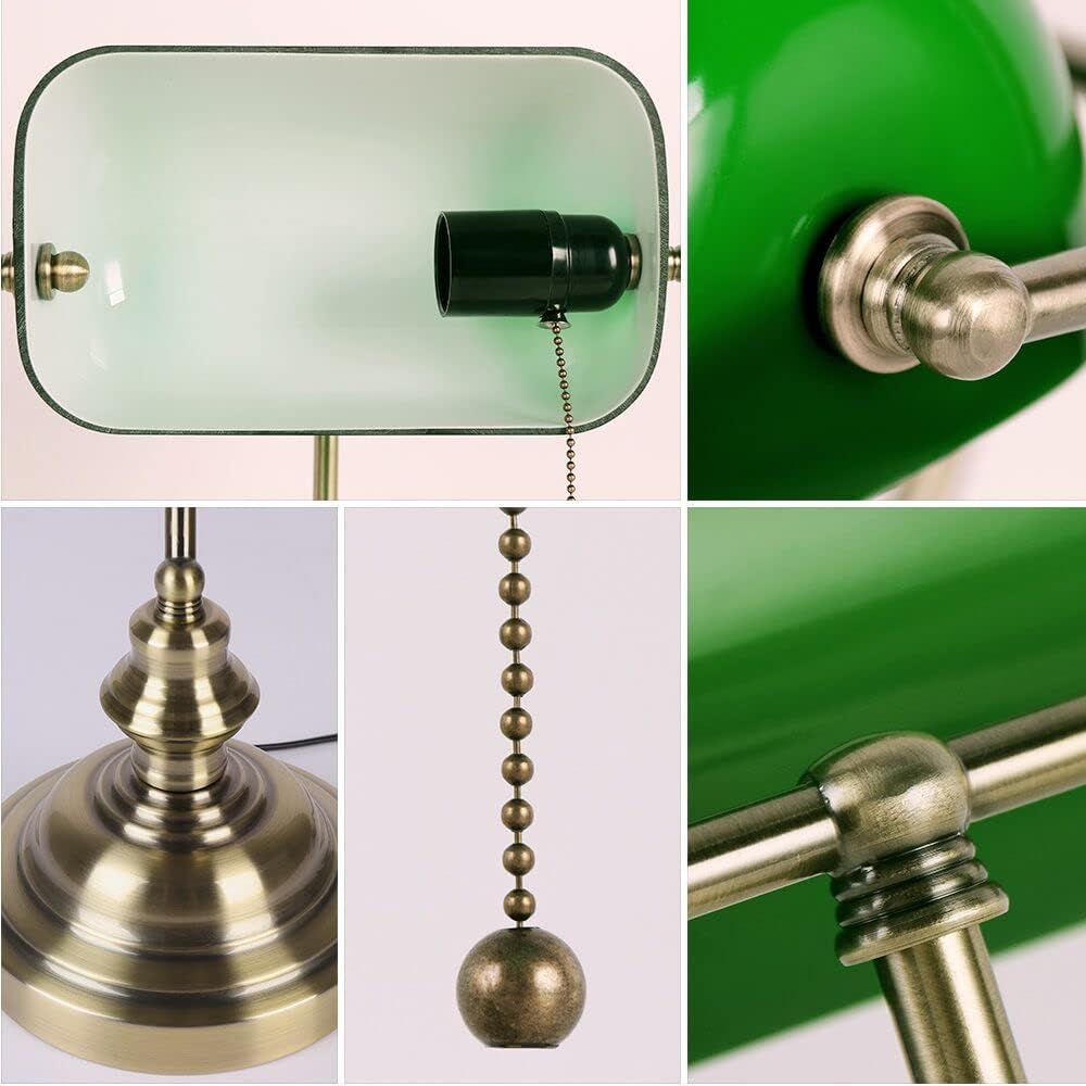 Glass Bankers Desk Lamp with Pull Chain Switch Plug in Fixture (Green)