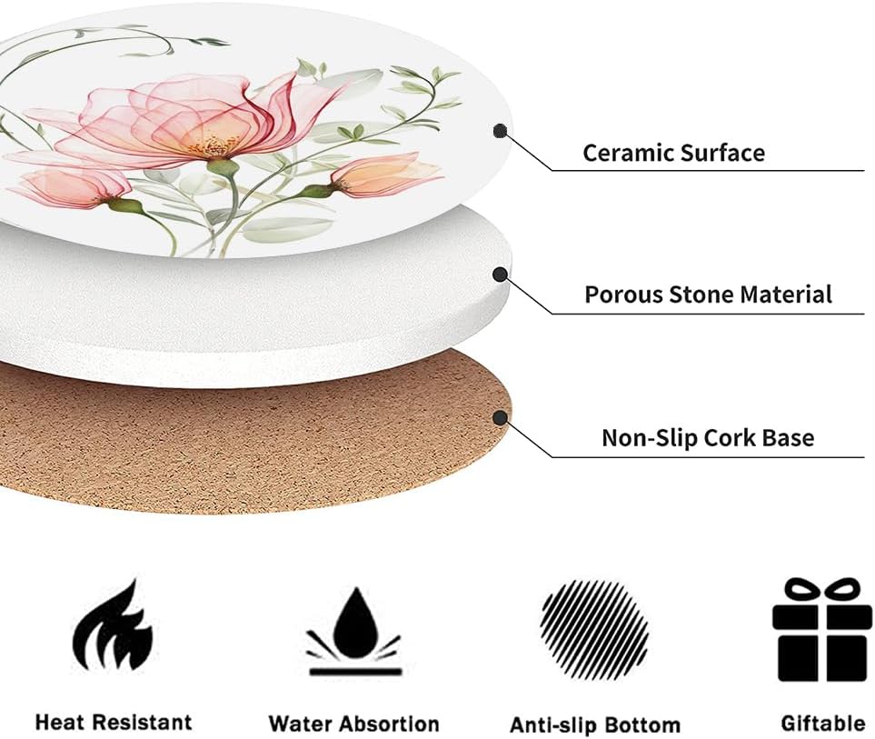 Watercolor X- and Eucalyptus Absorbent Ceramic Stone Mat Coaster / Ray Roses / Round / Set of 6