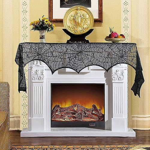 5 Pack Halloween Decorations Sets Spider Webs Tablecloth Fireplace Mantel Scarf Round Cobweb Table Cover Lampshade with 60pcs Scary 3D Bats for Halloween Party Supplies