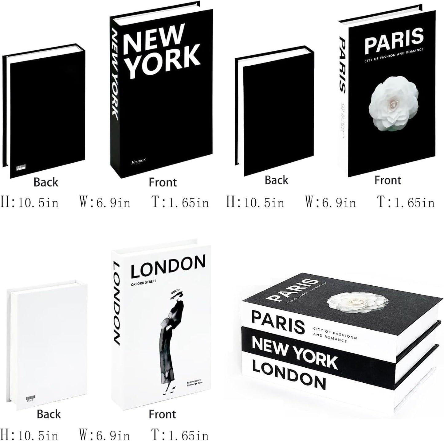 Stacked Book / Decorative Books / Black White / Set of 3