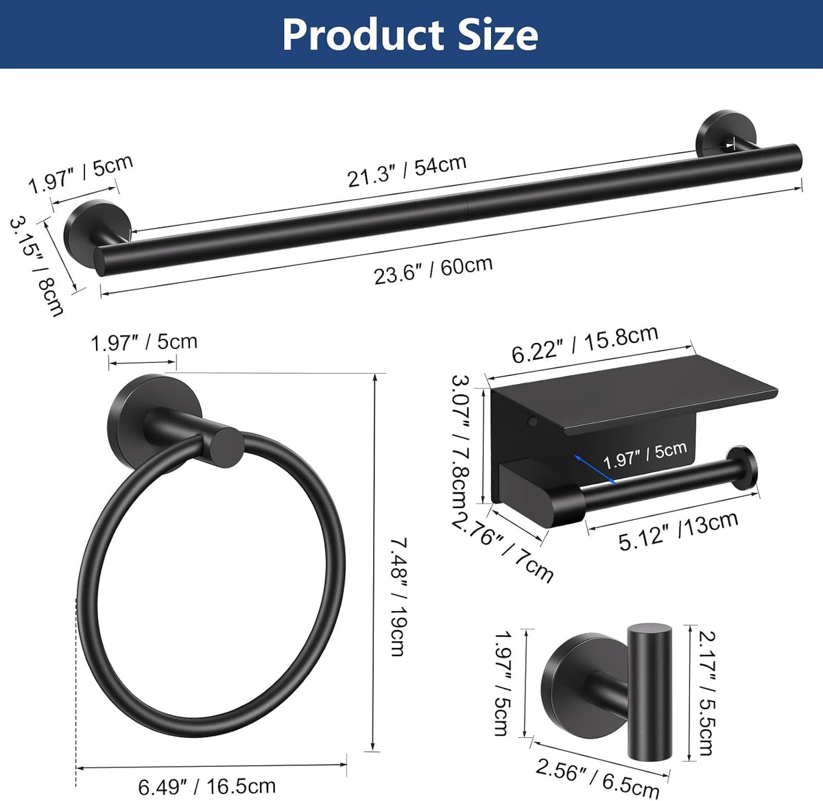 TQKAG Bathroom Hardware Set Black, 5 Piece Bathroom Towel Bar Holder Sets | SUS304 Stainless Steel, 23.6" Toilet Paper