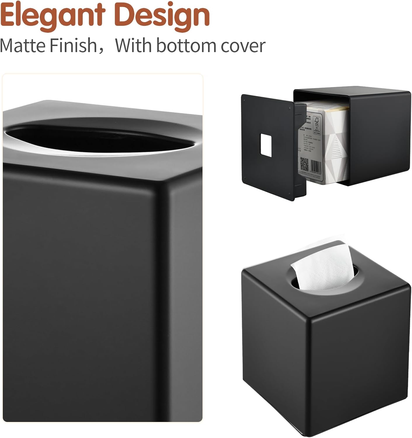 Modern Decorative Square Facial Storage Tissue Box Holder / Matte Black