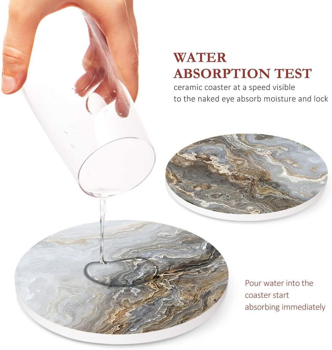 Grey Marble Golden Stone Agate Table Absorbent Round Ceramic Stone Mat / Marble Gray Gold / Set of 6