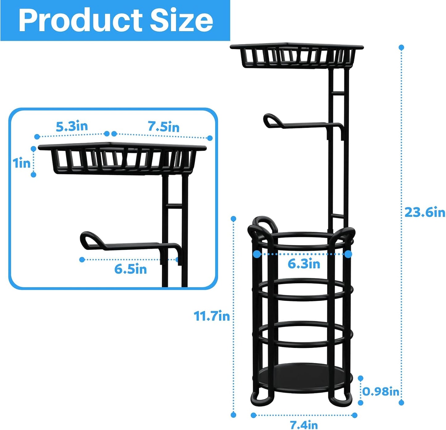 Toilet Paper Holder Stand with Shelf, Free Standing Tissue Roll Storage Rack with Dispenser for Bathroom, Black