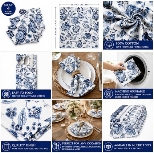 Taran Living Premium Cotton Cloth Napkins Set of 4, 18x18 Inch Reusable Dinner Napkins, Soft Washable Oversized Fabric Napkins for Dining Table, Weddings, Parties & Everyday Use, Blue Floral