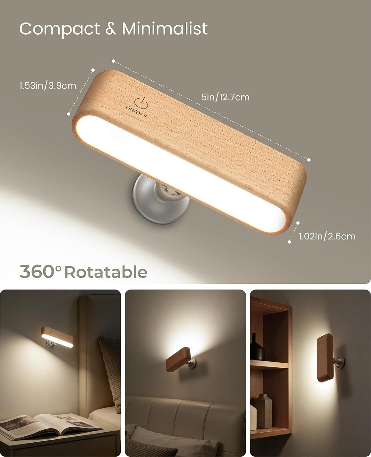 Wood Wall Sconce, Rechargeable Reading Light, Magnetic Bedside Lamp | Touch Control Reading Light for Headboard, 360°