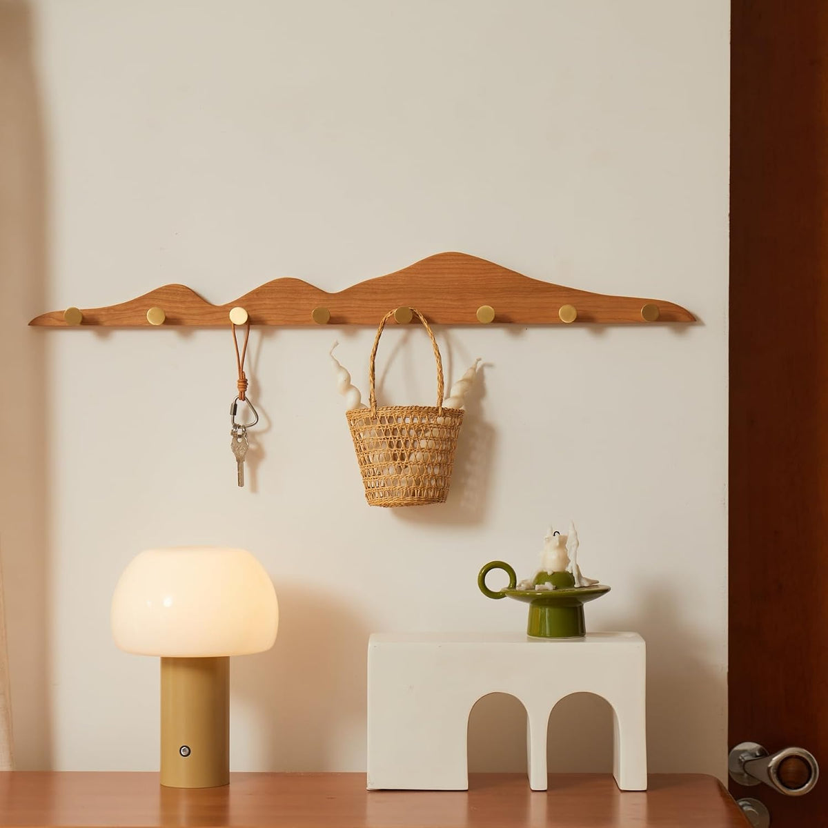 Wall Coat Rack, Cherry Wood, 8 Hooks | Elegant, Solid Coat Hanger, Wall Mount with Brass Hooks, Moisture-Resistant Wax