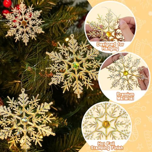 36pcs Gold Shine Christmas Snowflake Ornaments, Plastic Glitter Hanging Snow Flakes for Christmas Tree Decorations Winter Wonderland Frozen Birthday Party Holiday Home Decor