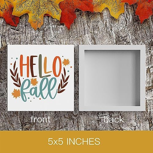 Fall Wooden Box Sign, 5.1 X 5.1 Inch Autumn Maple Wood Sign for Tiered Tray Decor, Home Living Room Harvest Day Thanksgiving Tabletop Decor - Hello Fall