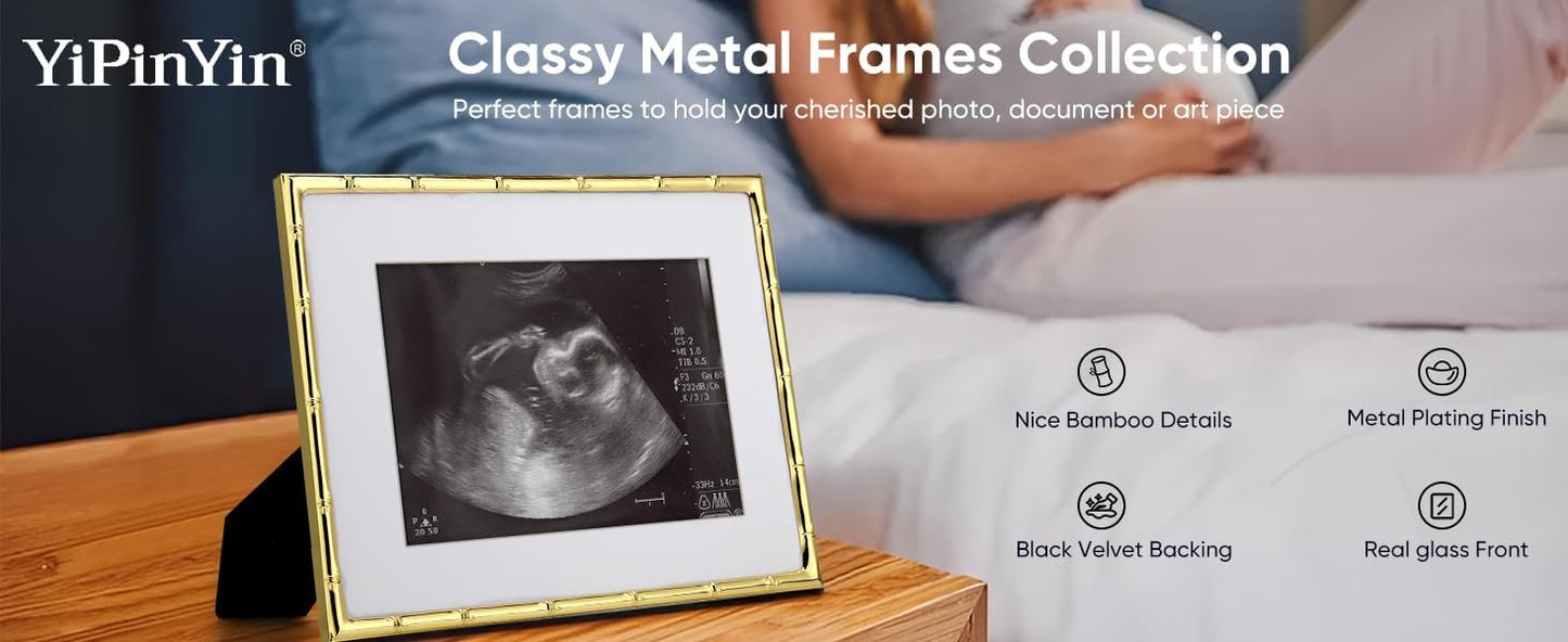 YiPinYin 2-Pack 10x12 Gold Bamboo Metal Picture Frames | Acid-Free Mat for 8x10 Photos | Narrow Plated Edge | Velvet