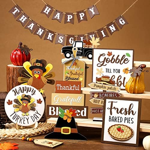 Tatuo 27 Pcs Fall Thanksgiving Tiered Tray Decoration Turkey Thanksgiving Table Decoration Fall Farmhouse Rustic Wooden Sign Truck Turkey Baked Pies Autumn Home Kitchen Decorative Tray