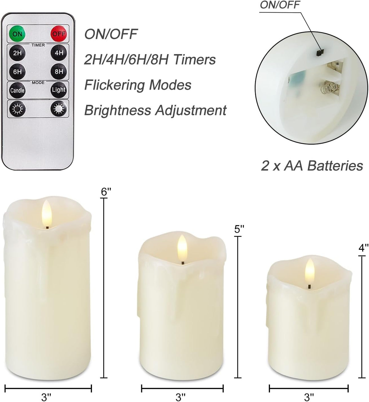 Homemory Dripping Wax Flameless LED Pillar Candles, Battery Operated with Remote Control and Timer, Set of 3, 5" H x 4"