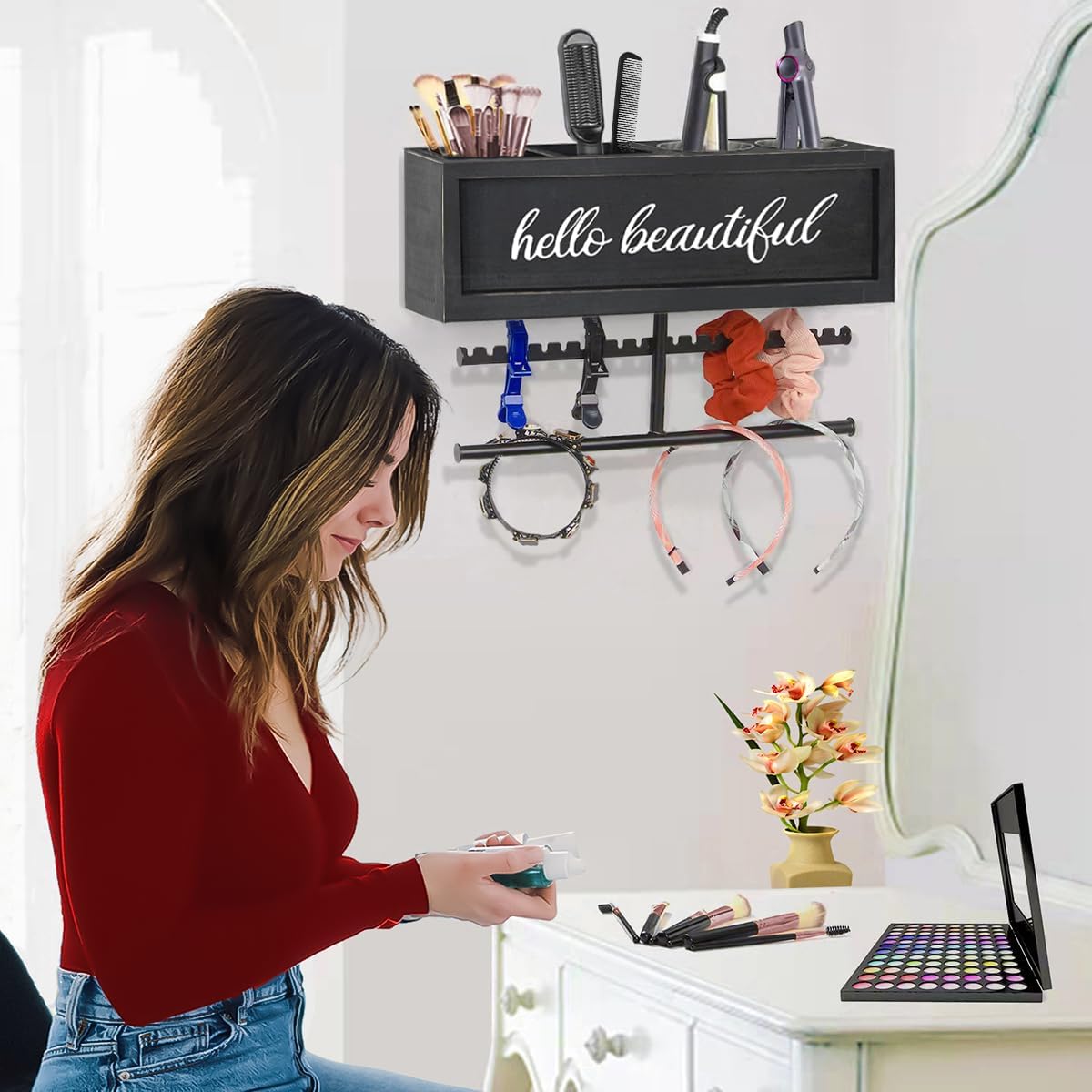 Rustic Hair Dryer Holder Wall Mounted,Hair Styling Tools & Accessories Organizer,Bathroom Supplies & hot Tools vanities