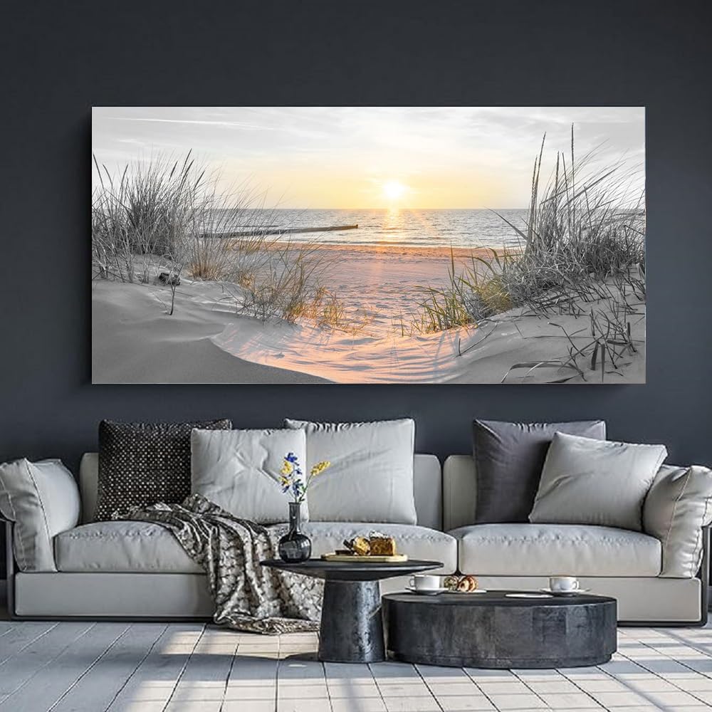 White Sunset Beach Wall Art Coastal Room Decor Ocean Picture / Basunset / 40"L x 20"W / Black