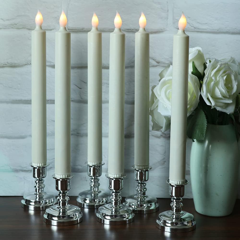 6 Pack Flameless Window Candles Battery Operated with Remote Timer | LED Taper Candle with Silver Holders, Suction Cups