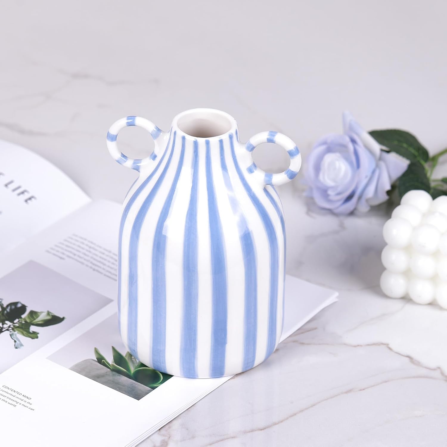 Ceramic Blue and White Striped Vase / Blue White