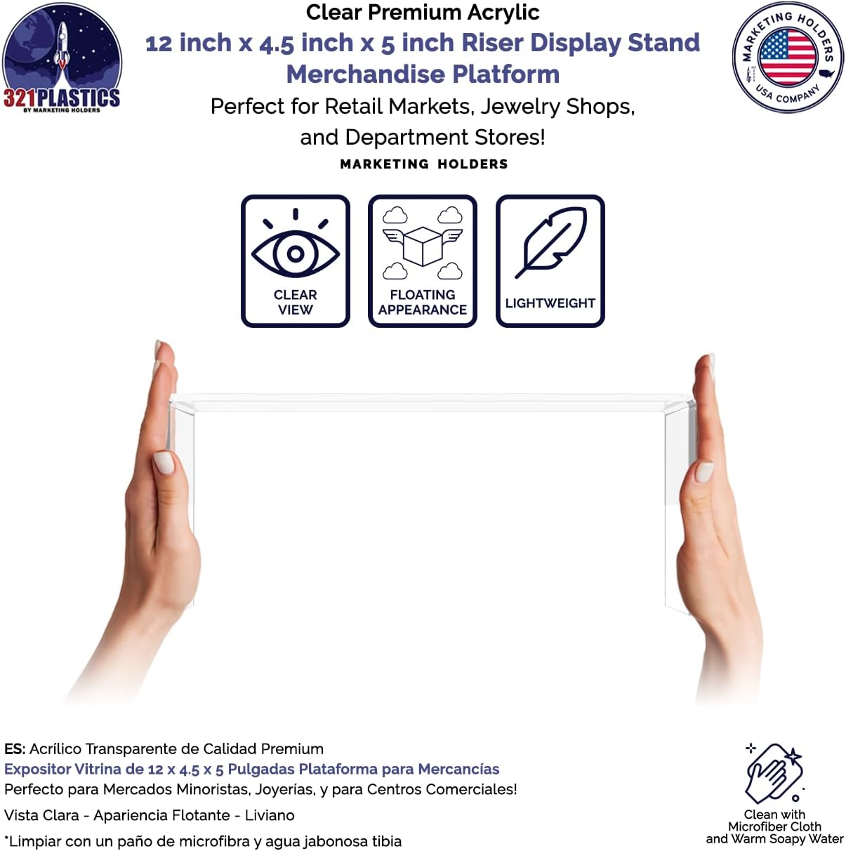 Marketing Holders 4 Pack Acrylic Riser Display Stand 12 Inch Wide by 4.5 Inch Deep Clear Plastic Countertop Tabletop