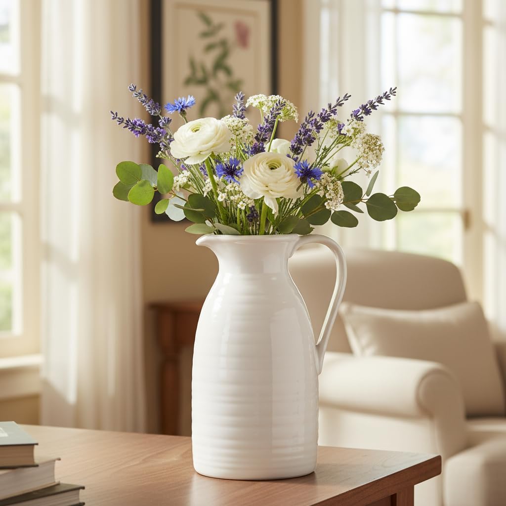 Farmhouse Pitcher Vase for Flowers- Ceramic Pitcher White Flower Vase / White - Pitcher Vase